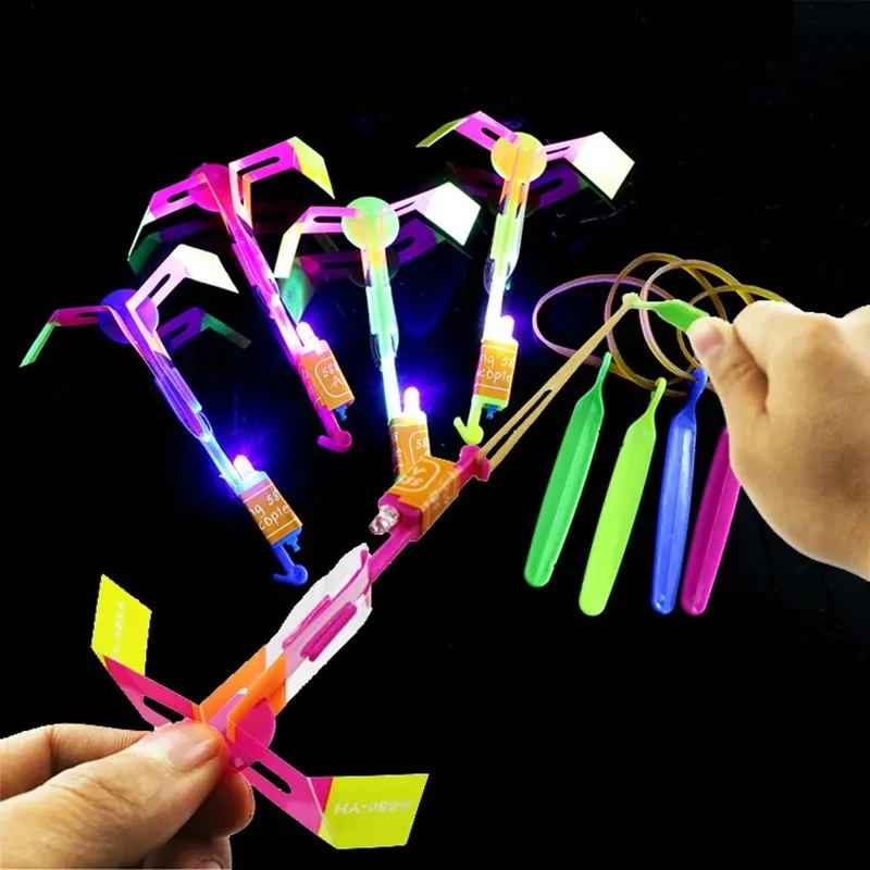 Led Rave Toy drôle sport de plein air LED fusée hélicoptère élingues avion jouets volants élastique catapulte bambou libellule cadeau 231207