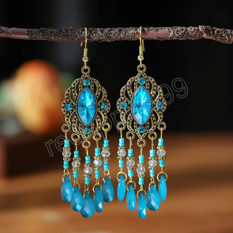 New Bohemian Ethnic Colorful Water Drop Tassel Earrings for Women Long Hollow Antique Gold Color Dangle Earring Pendientes Mujer