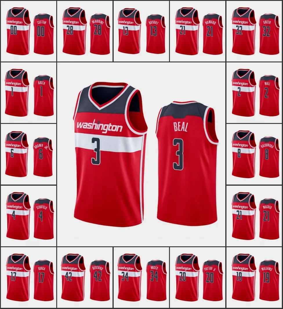 Washington''Wizards''men Johnathan Williams Isaac Bonga Admiral Schofield Rui Hachimura Bradley Beal Red Custom Jersey