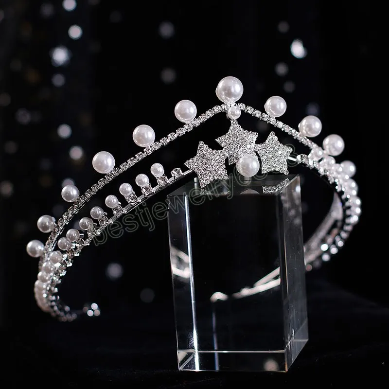 Luxus Silber Farbe Kristall Perlen Braut Tiaras Krone Strass Stern Festzug Diadem Stirnbänder Hochzeit Haar Accesspries