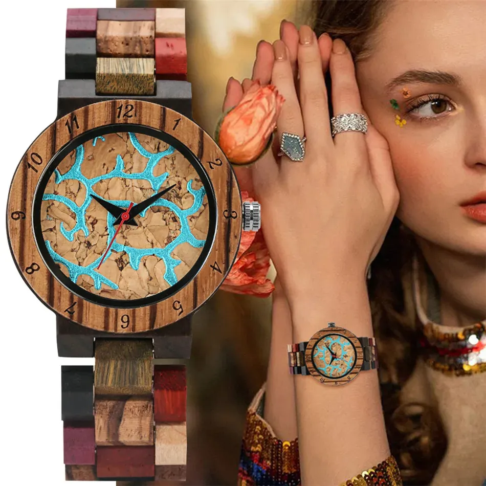 Other Watches Full Wood Women Bracelet Watch Blue Lava Dial Mixed Color Wooden Band Trend Lady Quartz Wristwatch Female Timepiece 231207