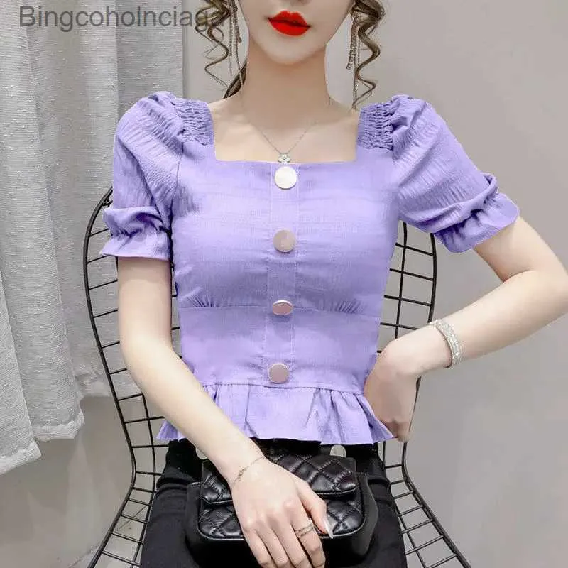 Women's T-Shirt Fashion Puff Sle Solid Color Folds Ruffles Button Blouse 2022 Summer New Chic Tops Sweet Fe Clothing Comte ShirtL231208