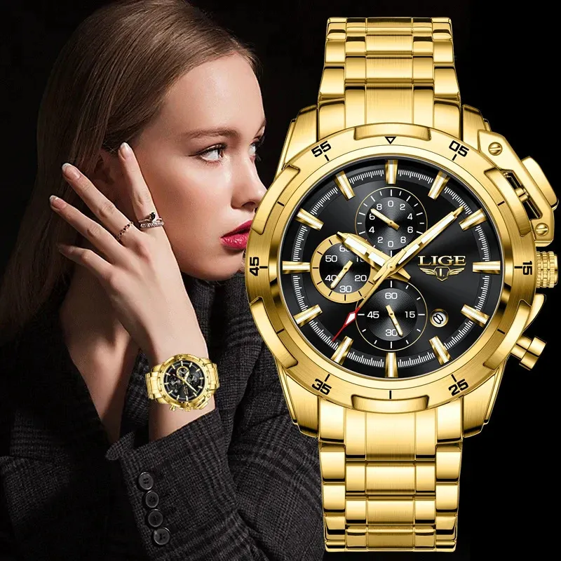 الساعات الأخرى Lige 2023 Gold Watch for Women Fashion Ladies Creative Steel Women's Bracelet Female Clock Clock 231207