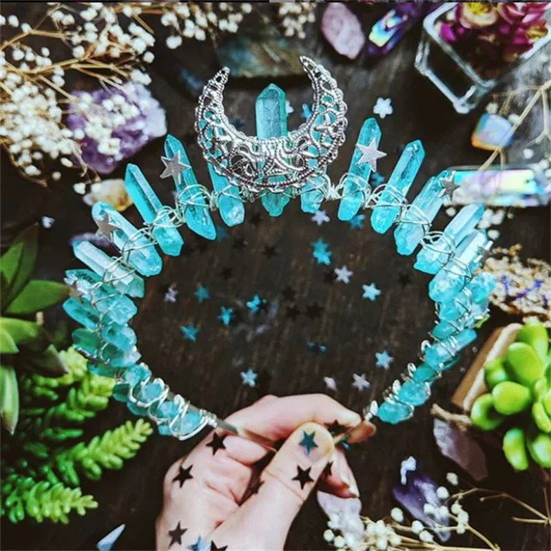 Brand New LARGE Blue & Pink Raw Crystal Crown/Headband Amazon.com: Raw Crystal Quartz Crown Headband - HAIMEIKANG  main image 2