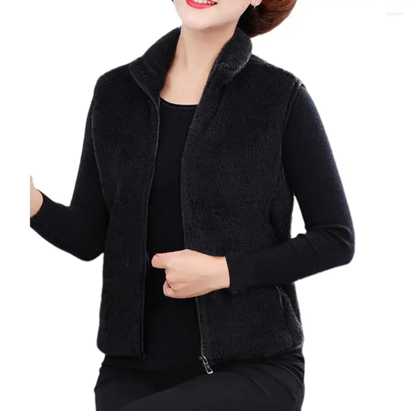 Gilets pour femmes Femmes Hiver Zip-up Veste d'âge moyen en peluche sans manches manteau avec col montant fermeture à glissière cou pour l'automne