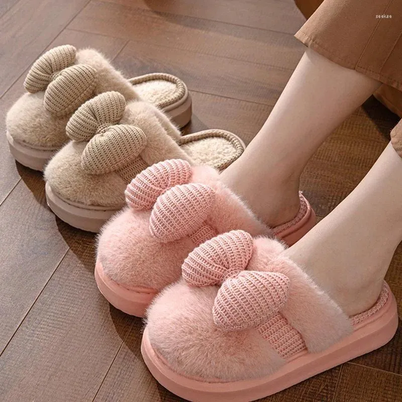 Pantoufles en coton pour femmes, joli nœud, solide, chaud, intérieur, antidérapant, velours, doux, chaussures de maison, polaire, diapositives de chambre à coucher d'hiver