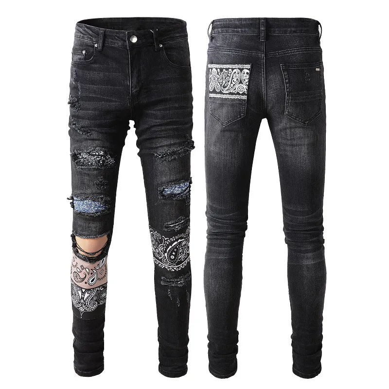 Jeans pour hommes, jeans avec patch en détresse, style européen et américain, avec patch à motifs, leggings élastiques, coupe slim