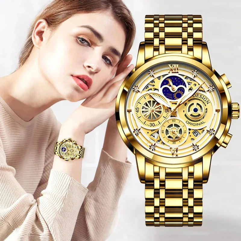 Inne zegarki Lige 2023 Gold Watch Kobiety Kobiety Kreatywne stalowe bransoletka dla kobiet Wodoodporna Zegar RelOJ MUJER 231207