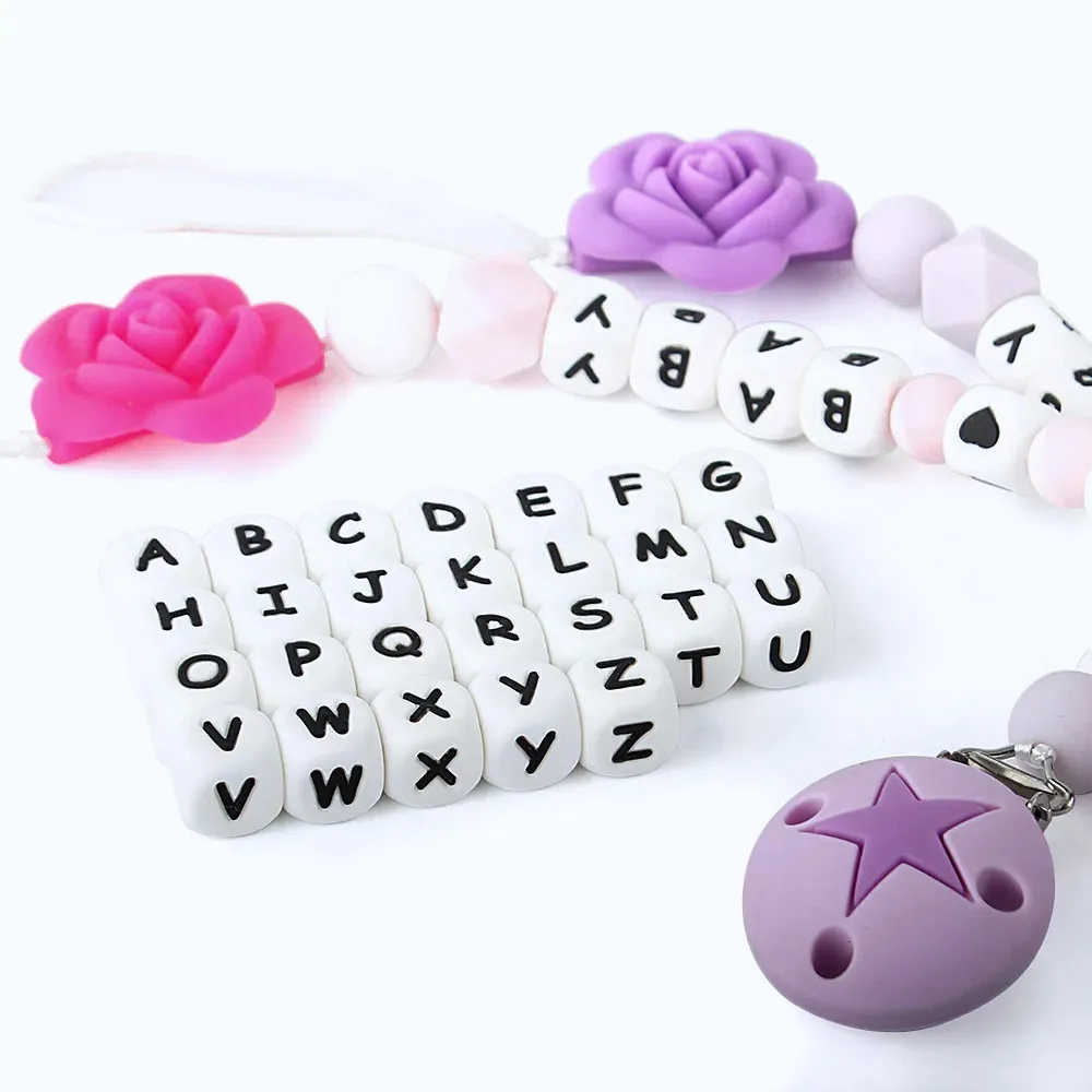 Massaggiagengive Giocattoli 15 pezzi perline in silicone per bambini lettere con alfabeto nome personalizzato massaggiagengive ciuccio per dentizione regalo fai da te 12mm 1000 pezzi 231207