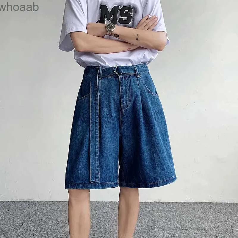 Männer Sommer Mode Gürtel Breite Bein Denim Herren Streetwear Koreanische Lose Blau Jeans Shorts Männer Übergroßen S-2XL YQ231208