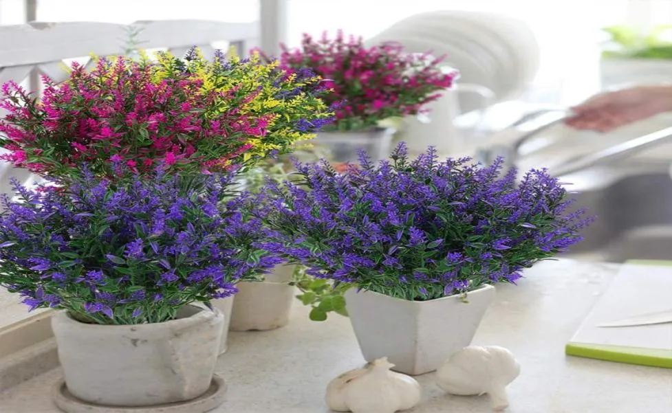 8 paquetes de lavanda artificial, ramo de flores falsas para exteriores, plantas verdes de plástico sintético, rama floral para decoración de jardín de bodas Deco8927397