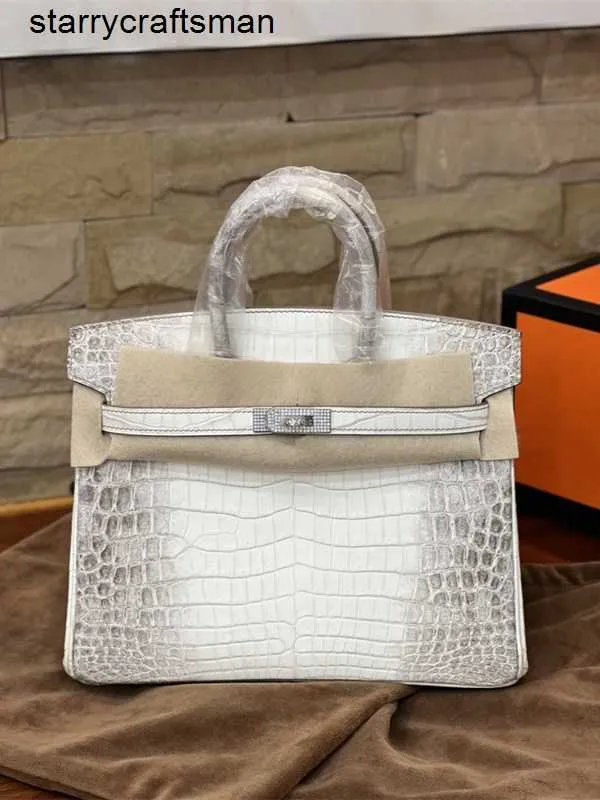 Himalaya Crocodile Handbag Tygväskor Minglan Gaoding Rare Leather HCP Nile Three Skin Himalayan White Platinum Diamond Buckle BK25cm Hbej