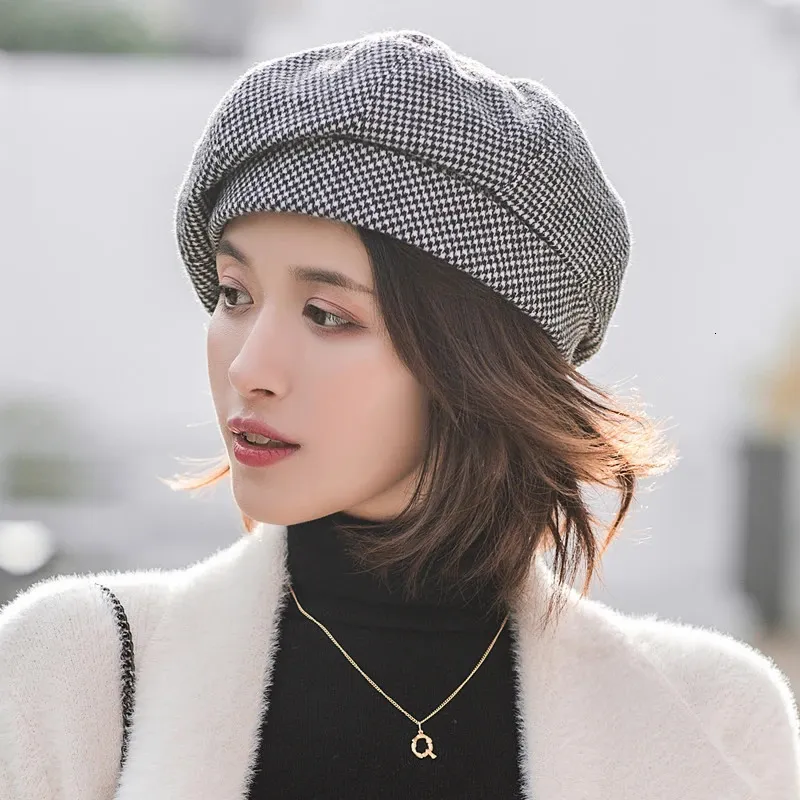 Bérets Simple femmes béret pour dame élégante hiver femme coton chapeaux Plaid Vintage octogonal décontracté boina automne fille casquette 231208