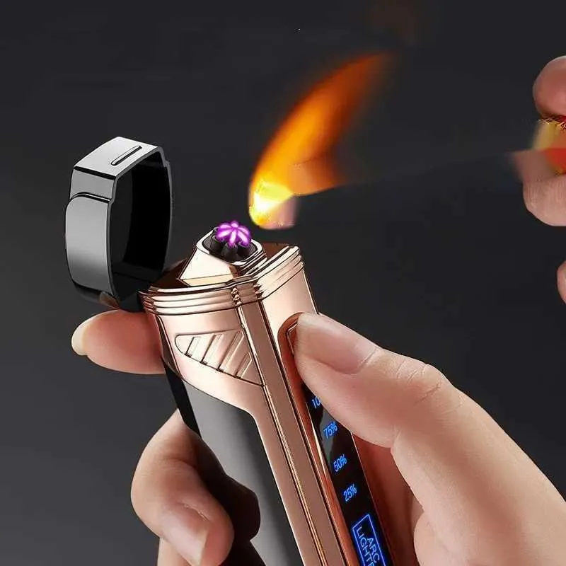 Winddichtes Plasma-USB-Feuerzeug aus Metall für den Außenbereich mit LED-Anzeige und Zigarrenmesser, leistungsstarker, flammenloser, elektrischer Sechs-Bogen-Impuls