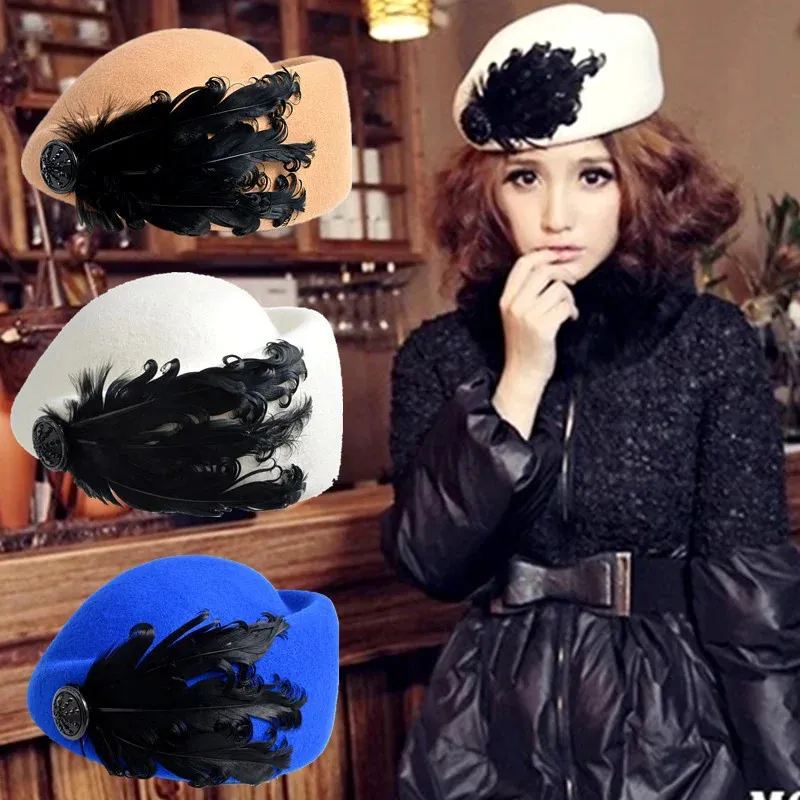 Berets Luxury feather stewardess cap fedora hat female fashion solid wool vintage Hats for Women British style of Beret 231208