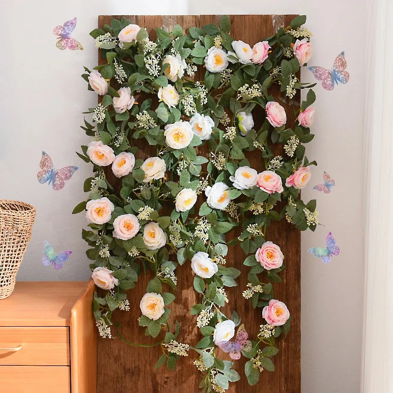 Decoratieve Bloemen Kransen 6.5FT 2M Bloemenslinger Kunstmatige Rose Vine Bloemenslinger Nep Zijden Bloemenranken voor Achtergrond Bruiloft Decor Tafel Middelpunt 231207