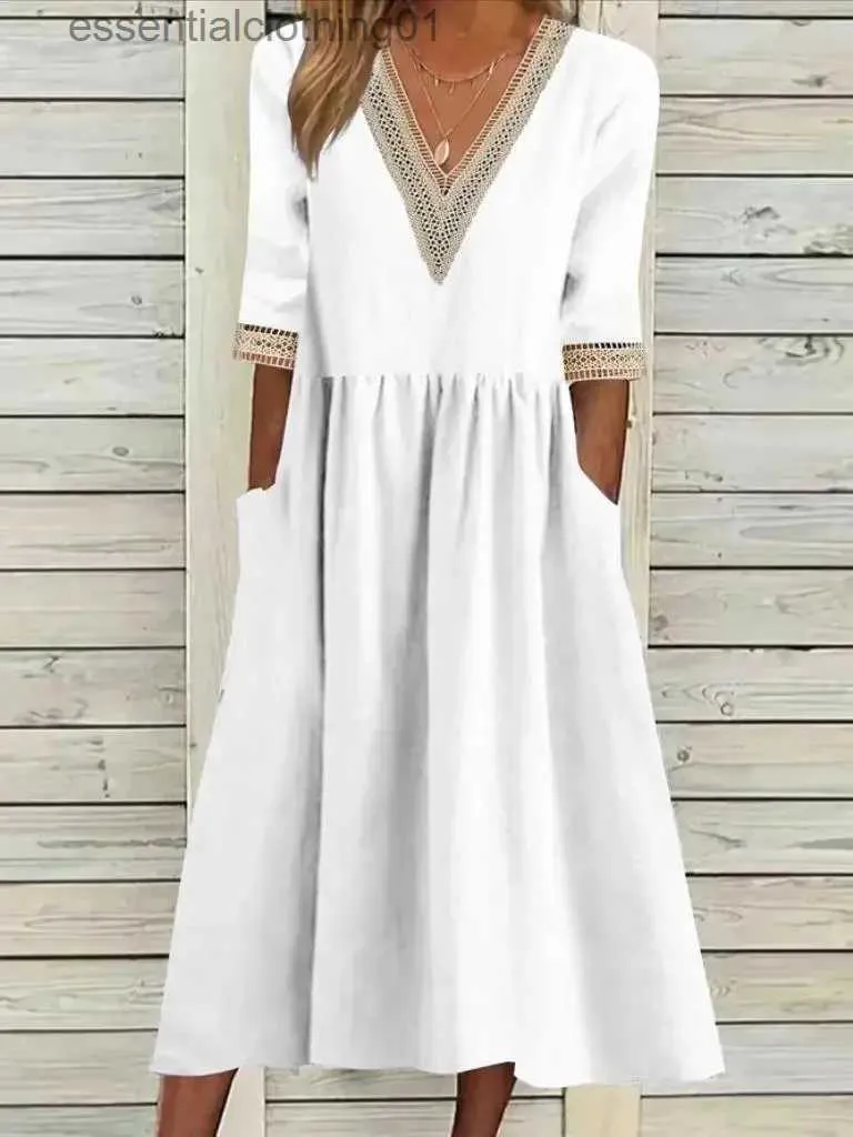 Urban Sexy Dresses Women's Elegant Dress Summer Ny V-ringning Half Sle Cotton Solid Color Patched Pleated A-Line Dress Fashion Casual Vintage Long L231208