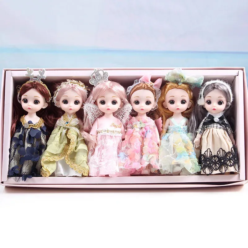 Puppen 6 Stück 16 cm Puppenset Geschenkbox 13 bewegliche Gelenke 3D-Augen BJD Mädchen verkleiden DIY Spielzeug Mode Kleidung Bjd Kindergeschenke 231207