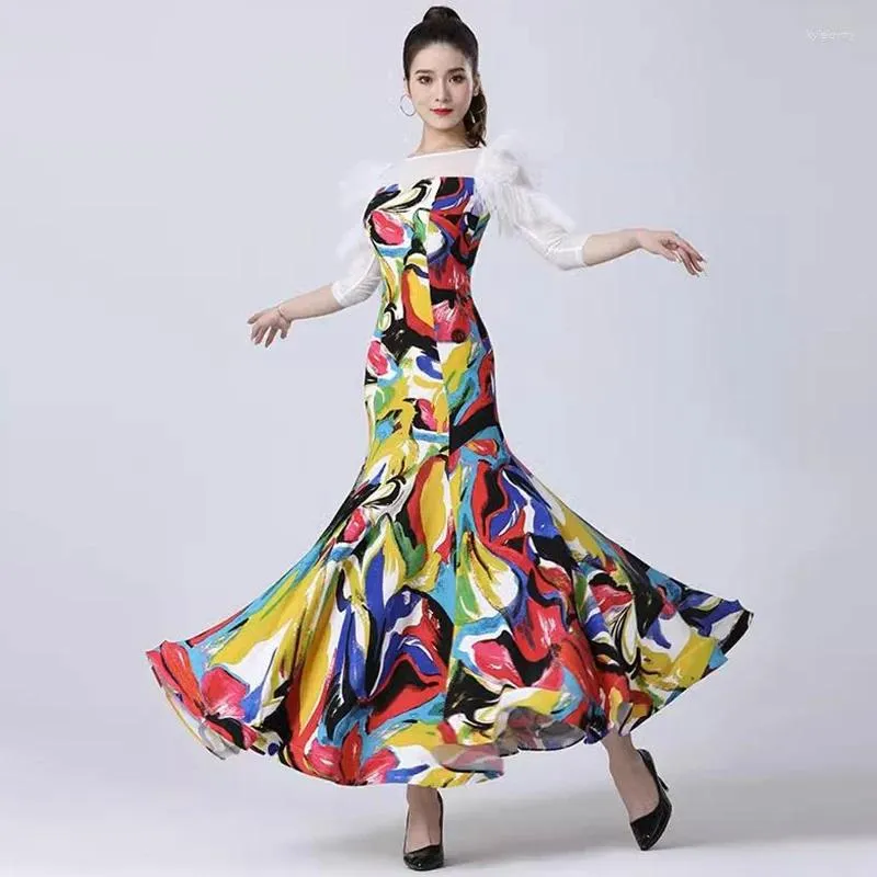 Sahne Giyim 2023 Modern Dans Giysileri Kadın Yetişkin Zarif Çiçek Baskı Balo Salonu Dans Elbiseleri Foxtrot Kadınlar Waltz Uzun Parti Kostümleri