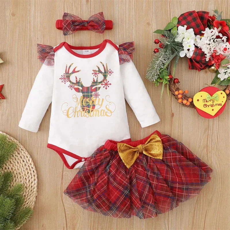 Conjuntos de ropa Conjunto de 3 piezas para niños Traje de manga larga Cuello redondo Elk Mameluco de Navidad Malla a cuadros Una línea Faldas Diadema Trajes casuales para 018M 231207