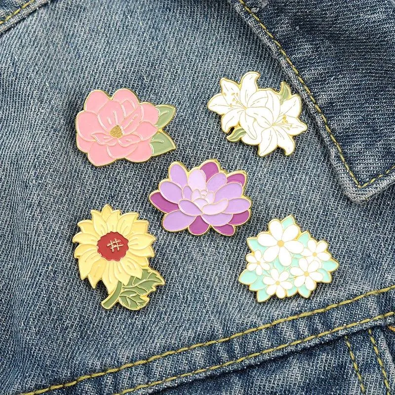 Broches chegada bonito flor planta broche dos desenhos animados girassol lírio crianças mochila acessórios lapela pinos esmalte emblema presente jóias