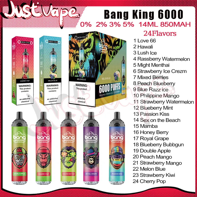 Original Bang King 6000 Puff jetables E cigarettes maille bobine 14 ml Pod 850 mAh batterie électronique Cigs Puffs 6K 0% 2% 3% 5% 24 saveurs Vape Pen