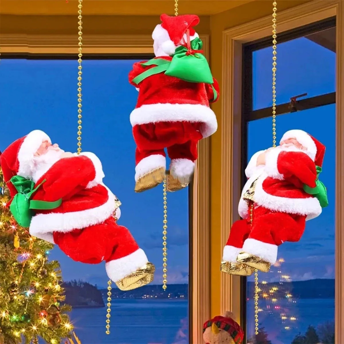 クリスマストイはサンタクロースをロープで繰り返し繰り返し登るエレクトリックサンタのぬいぐるみ人形のおもちゃ音楽クリスマスツリーの装飾