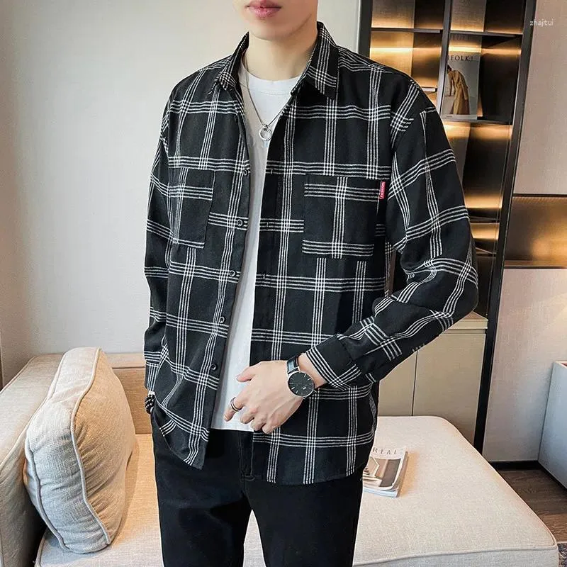 Men's Dress Shirts 2023 Spring And Autumn Plaid Shirt Double Pocket Loose Vintage Fashion Casual Port Brand