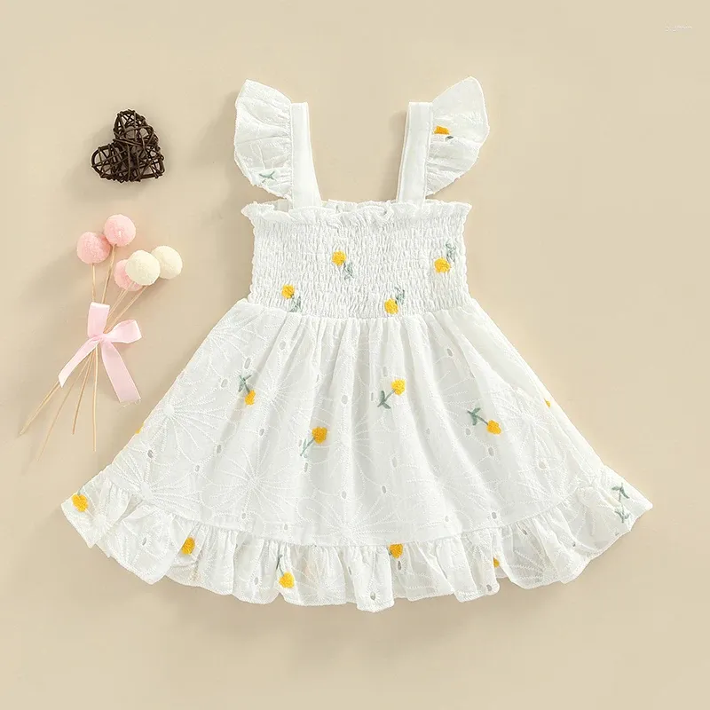 Girl Dresses Toddler Baby Sleeve Dress Flower Embroidered Pattern Hollow Ruched A-Line For Summer Children's Clothing