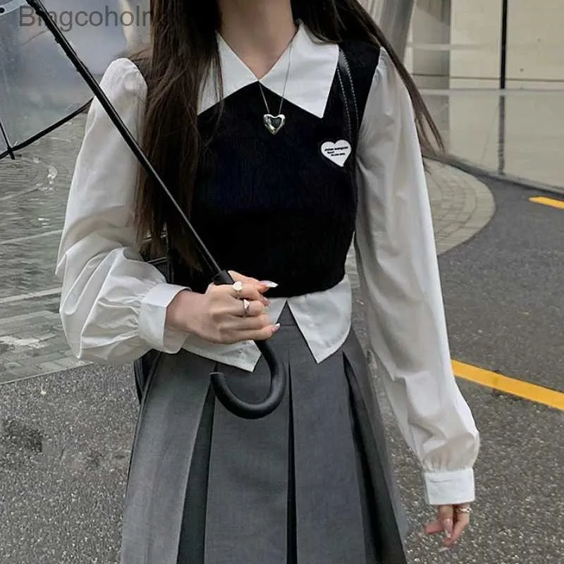 Korean Style Patchwork Crop Top: Cute Preppy Long Sleeve T-Shirt Women's  Knitted Fake Two Piece Blouse, School Girl Fashion