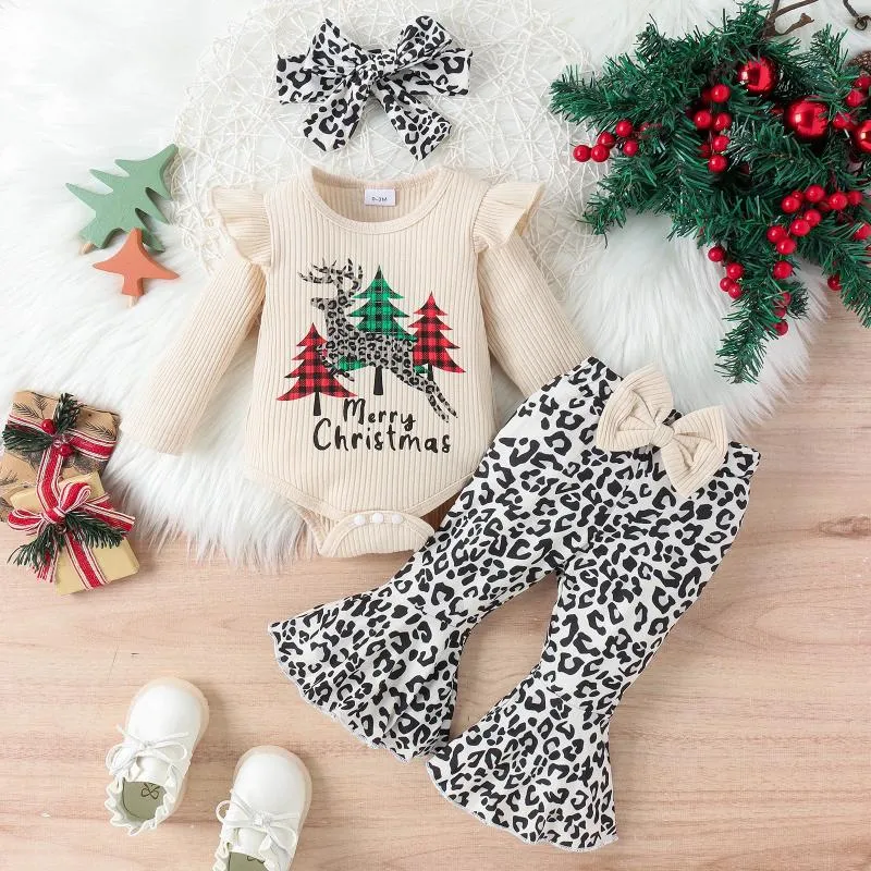 Conjuntos de roupas Meninas Conjunto de Natal Crianças Macacão de Malha Leopardo Imprimir Bow Bell Bottom Calças Lenço de Três Peças Roupas de Bebê Menina
