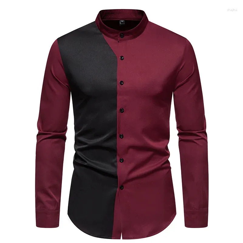 Herrklänningsskjortor #4735 Pink Blue Long Sleeve Shirt Men Stand Collar Business Spliced ​​Color Man High Quality Spring Autumn