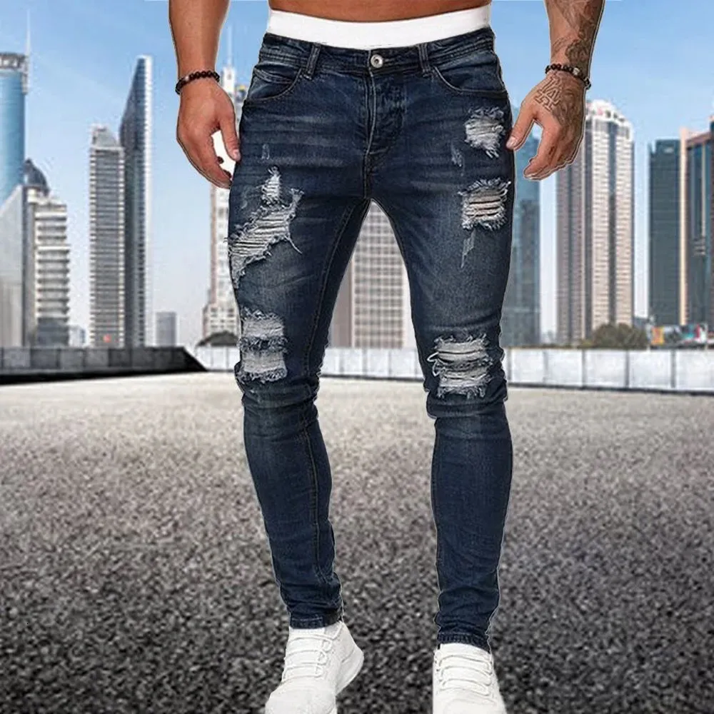 Men's Jeans Distressed Streetwear Ripped Skinny Jeans Men Vintage Wash Solid Elastic Biker Holes Denim Pencil Pants Casual Slim Fit Joggers 231207