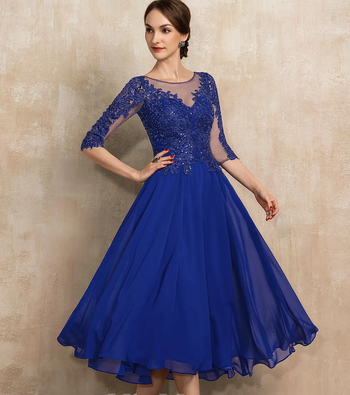 Mode Royal Blue Homecoming Cocktail Robe Femmes 2024 A-ligne Scoop Illusion Thé Longueur En Mousseline De Soie Dentelle Paillettes Fête D'anniversaire Robes De Soirée Robe De Soirée