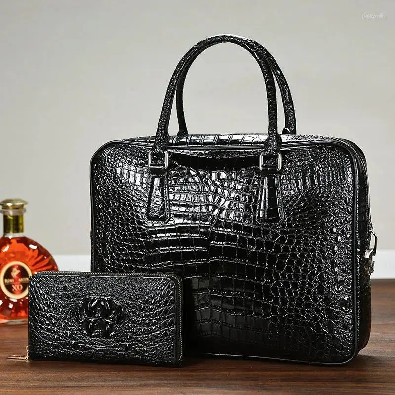 Porte-documents de luxe peau de Crocodile en cuir véritable, mallette d'affaires pour hommes, sac à bandoulière Alligator, messager pour ordinateur portable