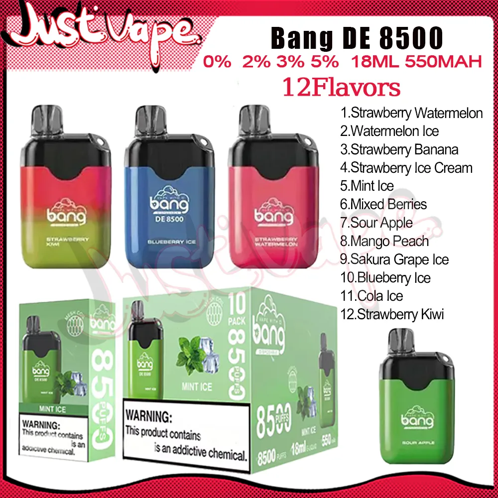 Original Bang DE8500 Puff jetables E cigarettes maille bobine 18 ml Pod 550 mAh batterie électronique Cigs Puff 8500 0% 2% 3% 5% 12 saveurs Vape Pen