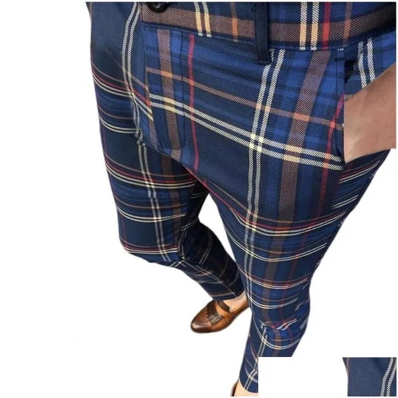 Pantaloni da uomo Pantaloni casual da uomo per uomo Business Chiusura con cerniera Matita maschile Aderente scozzese a quadretti Ufficio Drop Delivery Appar Dh0Hj