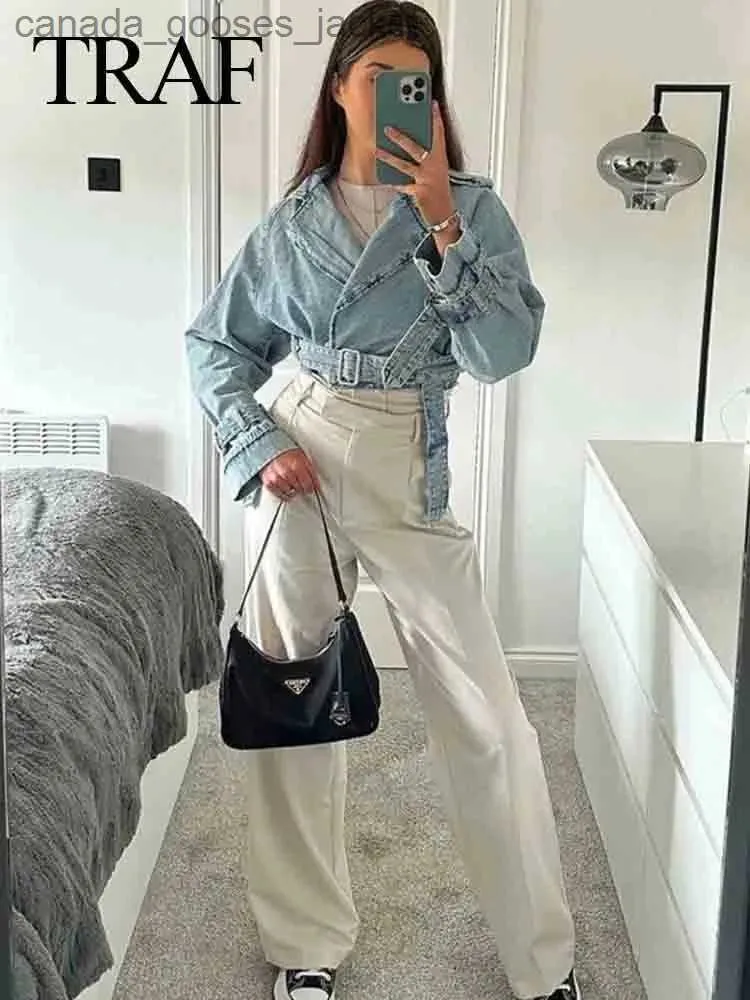 Women's Jackets TRAF Woman Denim Jacket With Belt Cropped Jean Jacket For Women Frayed Streetwear Women's Spring Jackets Long Sle Crop Top L231208