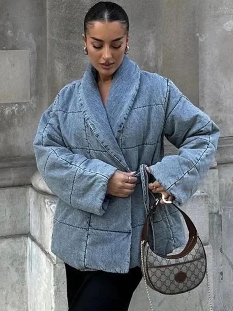 Jaquetas femininas azul xadrez rendas jaqueta quente mulher outono inverno com decote em v manga longa vintage demin casaco feminino moda streetwear outerwear