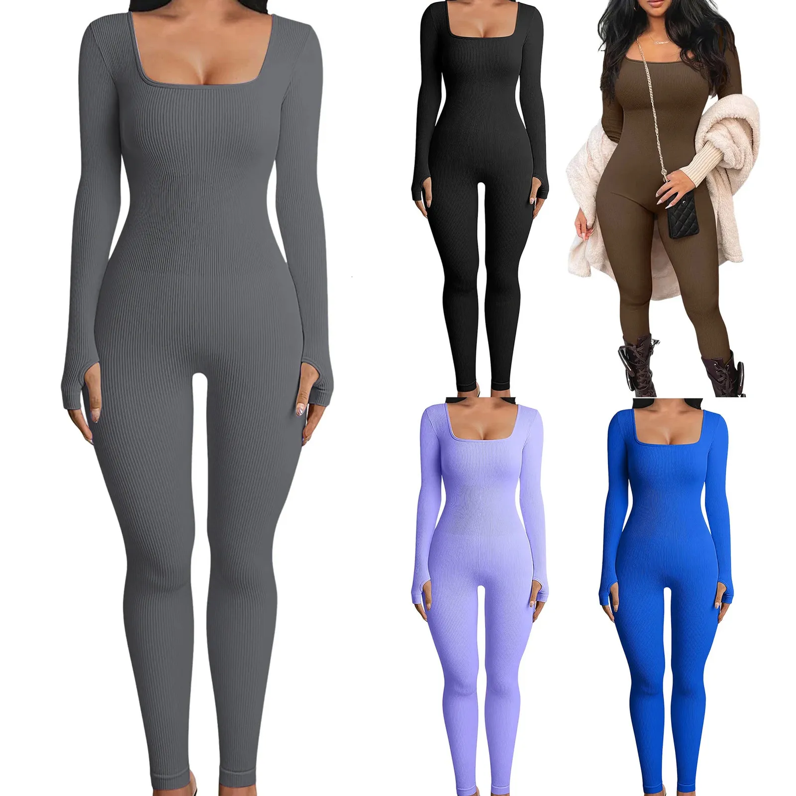 Kvinnors jumpsuits rompers kvinnor mager jumpsuit fast färg ribbad stickad långärmad fyrkantig nacke bodycon jumpsuit romper träna sport yoga playsuits 231208