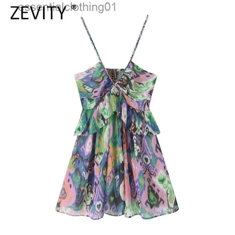 Urban Sexy Dresses ZEVITY nouvelles femmes rétro Totem fleur imprimé col en V fronde Mini robe Fe pli en cascade à volants été plage robes DS999 L231208