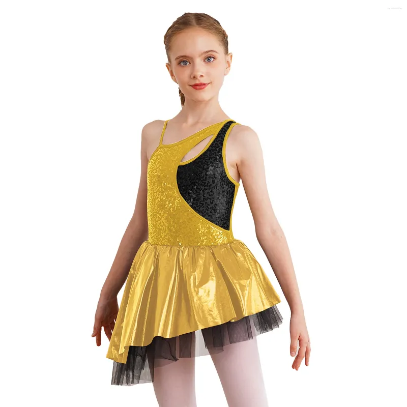 Stage Wear Enfants Filles Ballet Gymnastique Justaucorps Robe Sans Manches Paillettes Patinage Artistique Dancewear Jazz Cha-cha Danse Performance Costumes