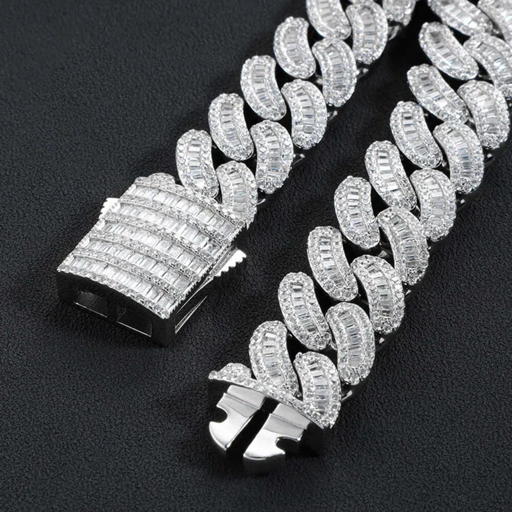 Benutzerdefinierte 16 mm Vvs Moissanit Iced Out Diamantkette Halskette Arc 925 Sterling Silber Baguette Cuban Chain