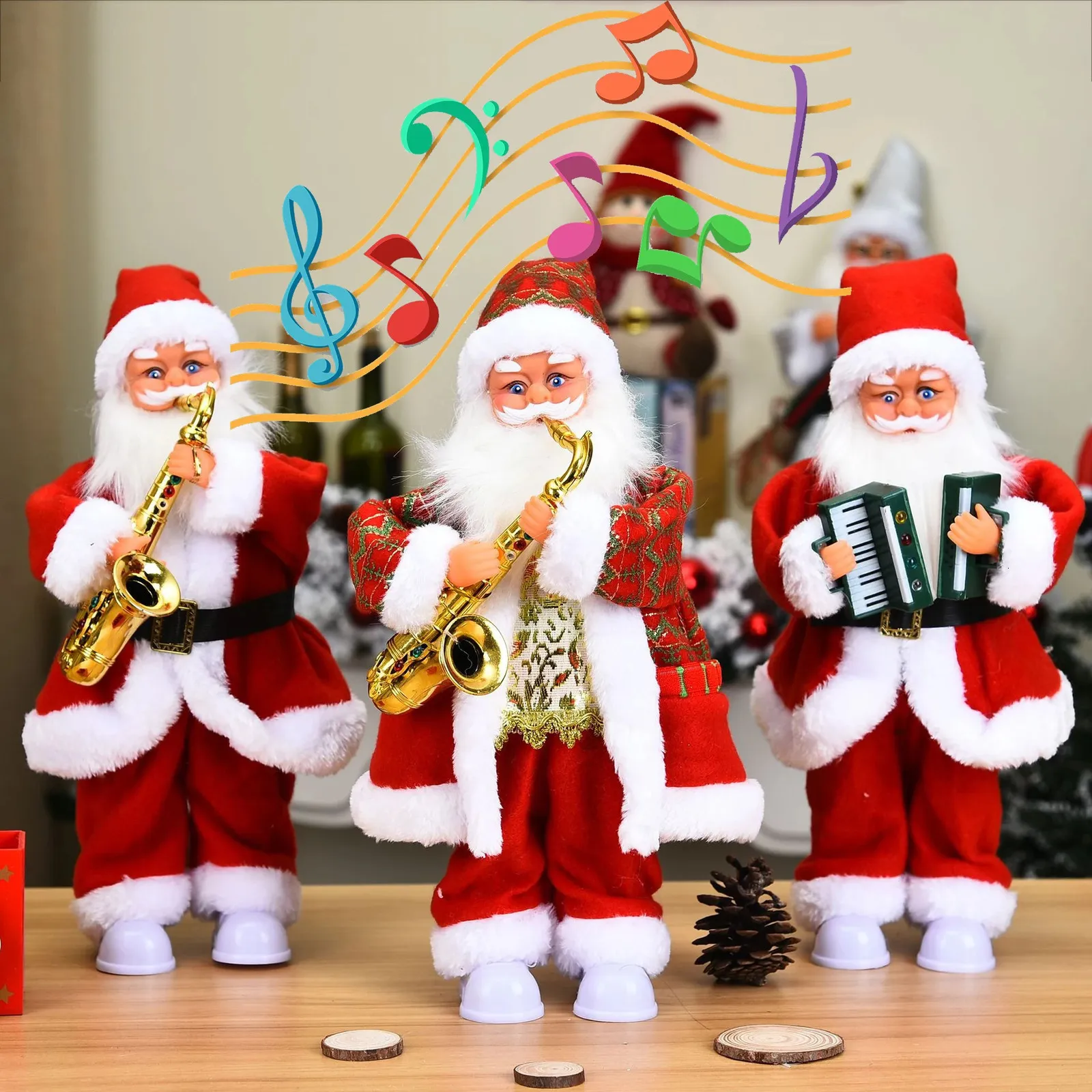 Julleksak leveranser År Juldekorationer för hem Elektrisk leksak med musik 14 i saxofon som spelar jultomten Vita fötter med ljus 231208