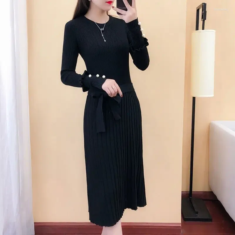 Casual Dresses Women's Sticked Long Party Dress Autumn Winter Bottom Woolen Mid Length Thin midje Skjorta Brasilien Koreansk stil