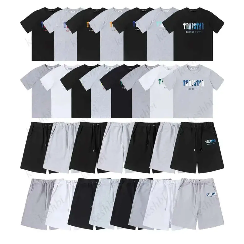 Trapstar Mens T Shirt Pantaloni 2 pezzi Set Designer Arcobaleno Asciugamano 2023 Ricamo Decodifica Magliette Uomo Nero Bianco Girocollo T-shirt 688ss