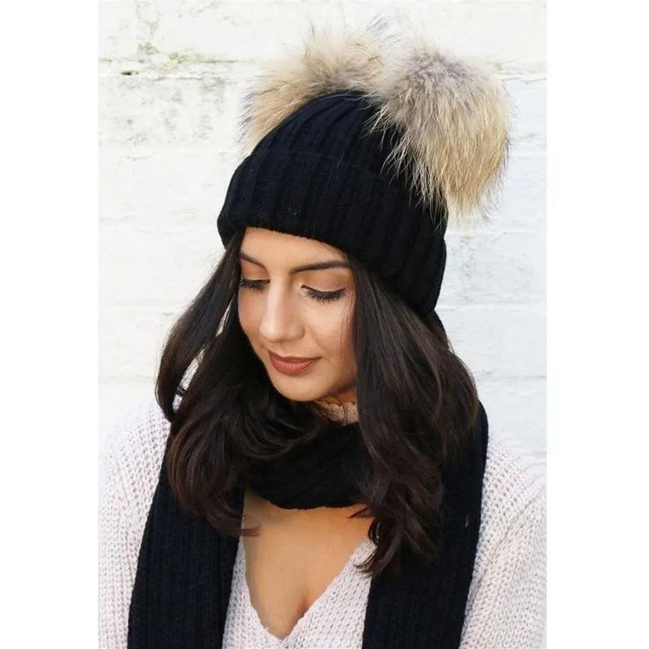 Chapeaux d'hiver tricotés en fourrure à deux pompons pour femmes, Bonnet en fausse fourrure, mignon, en laine, chaud, Gorro Bonnet Femme231J