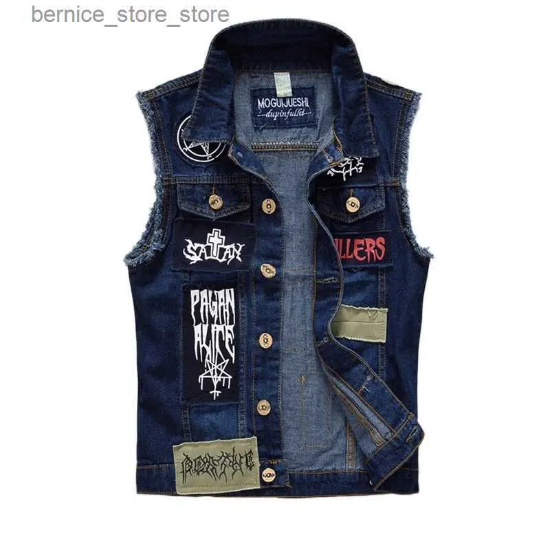 Men's Vests yelek erkek 2022 Men's Patches Design Jeans Vest Ripped Denim Waistcoat Men Denim Vest Man Sleeveless Jeans Vest Frayed size 6XL Q231208