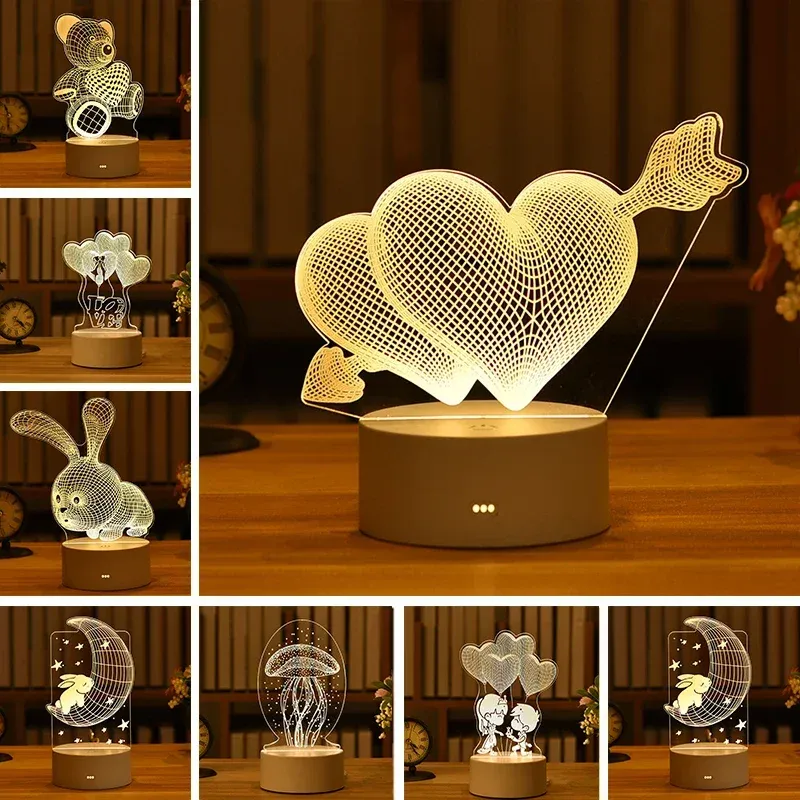 Romantic Love 3D Palloncino a forma di cuore Acrilico LED Luce notturna Lampada da tavolo decorativa San Valentino Innamorato Moglie Gi