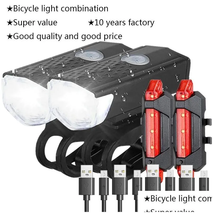 Fietsverlichting Mtb Fietslicht Voor Achter Set Berg Nacht Fietsen Koplamp Usb Led Veiligheid Achterlicht Accessoires Drop Delivery Sport Dh7Hf